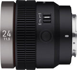 V-AF 24mm T1.9 FE lens side view with ridged focus ring and M1/M2 switches