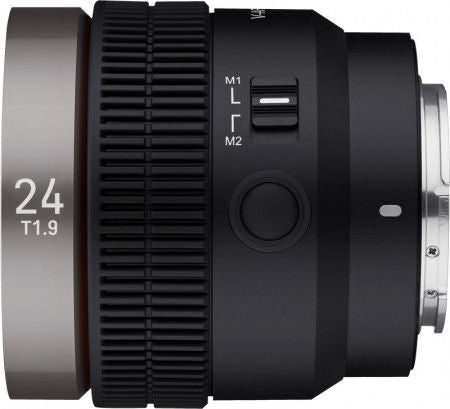 V-AF 24mm T1.9 FE lens side view with ridged focus ring and M1/M2 switches