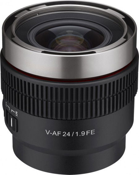 V-AF 24mm T1.9 FE lens with front element visible and ridged focus barrel