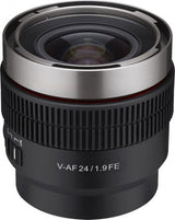 V-AF 24mm T1.9 FE lens with front element visible and ridged focus barrel