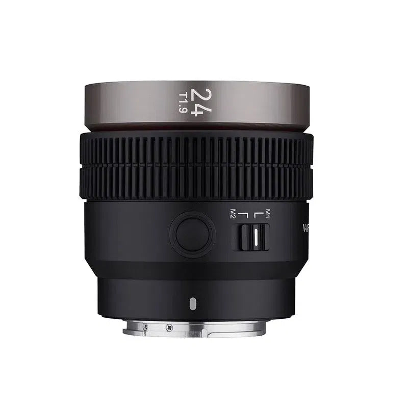 V-AF 24mm T1.9 FE lens front view showing 24 T1.9 marking and control labels