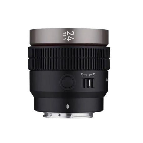 V-AF 24mm T1.9 FE lens front view showing 24 T1.9 marking and control labels