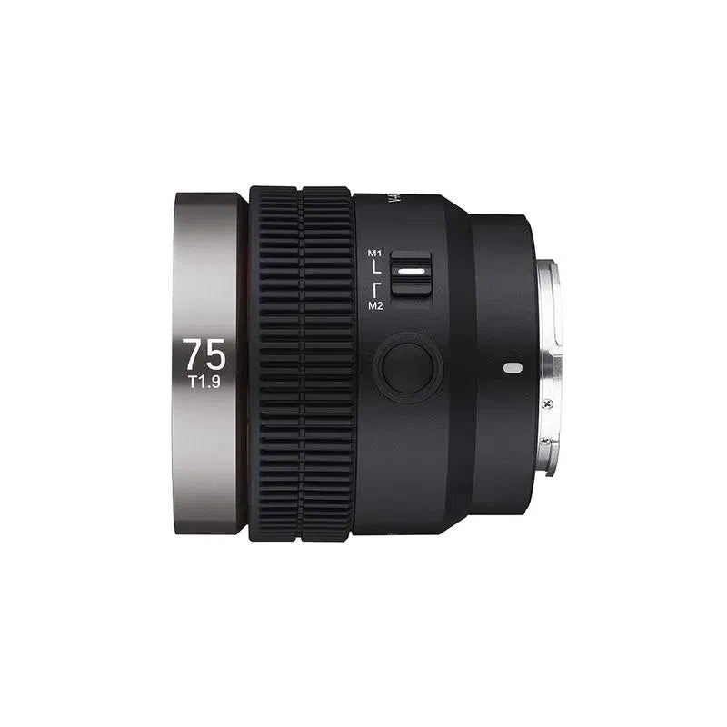 V-AF 75mm T1.9 FE lens side view, labeled controls near focus ring