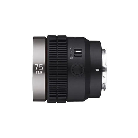 V-AF 75mm T1.9 FE lens side view, labeled controls near focus ring