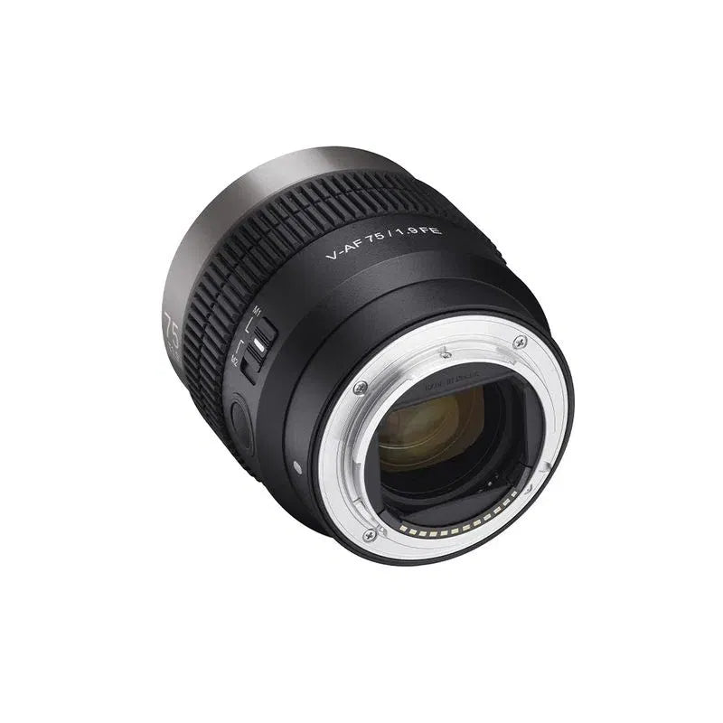 V-AF 75mm T1.9 FE lens angled view, silver mount ring and front glass