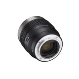 V-AF 75mm T1.9 FE lens angled view, silver mount ring and front glass