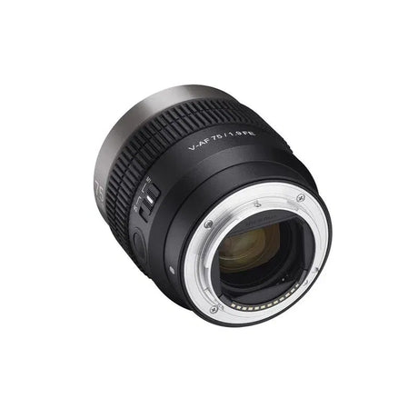 V-AF 75mm T1.9 FE lens angled view, silver mount ring and front glass