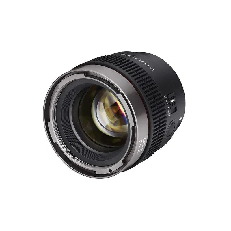 V-AF 75mm T1.9 FE lens front element with glass and black ribbed barrel