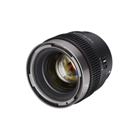 V-AF 75mm T1.9 FE lens front element with glass and black ribbed barrel