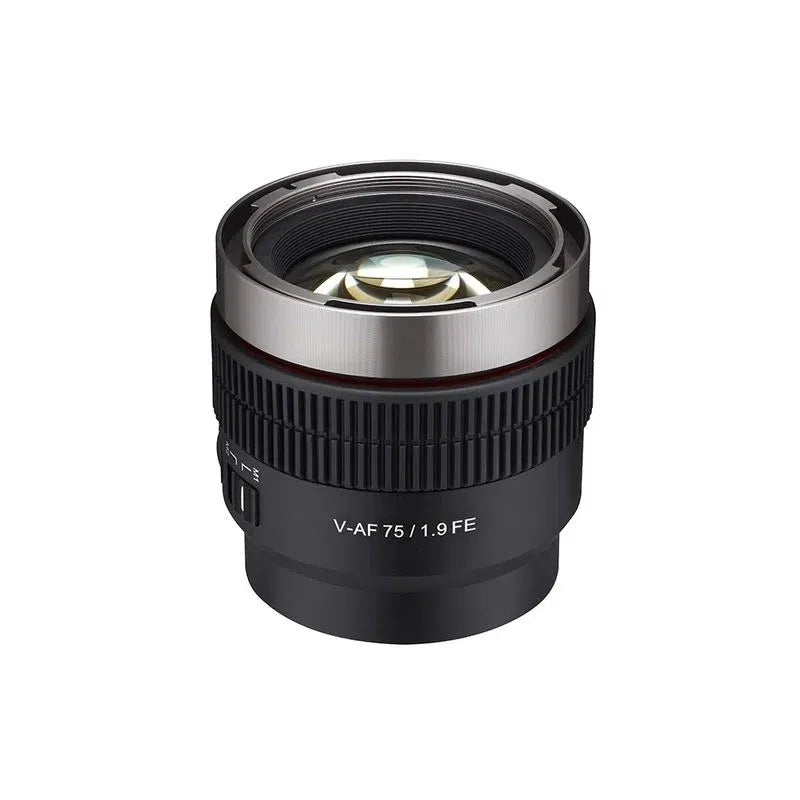 V-AF 75mm T1.9 FE lens front view, black ribbed ring and visible optical glass