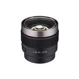 V-AF 75mm T1.9 FE lens front view, black ribbed ring and visible optical glass