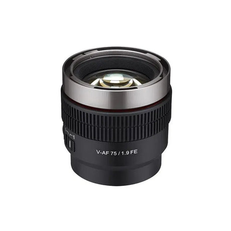 V-AF 75mm T1.9 FE lens front view, black ribbed ring and visible optical glass
