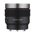 V-AF 75mm T1.9 FE cinematic AF lens, black body with ribbed grip ring