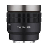 V-AF 75mm T1.9 FE cinematic AF lens, black body with ribbed grip ring