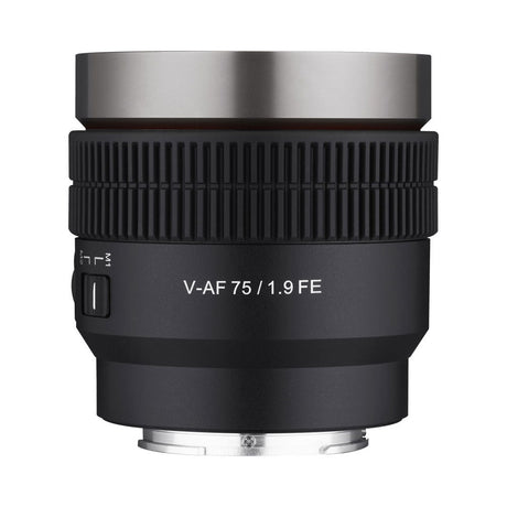 V-AF 75mm T1.9 FE cinematic AF lens, black body with ribbed grip ring