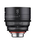 Black 35mm T1.5 cine lens with engraved focus and aperture scale rings