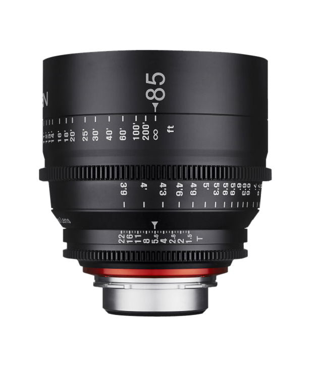 Samyang Xeen 85mm T1.5 MFT lens, front with aperture and distance scale rings