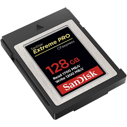 Extreme PRO CFexpress Type B 128GB card in black protective holder, angled view