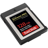 Extreme PRO CFexpress Type B 128GB card in black protective holder, angled view