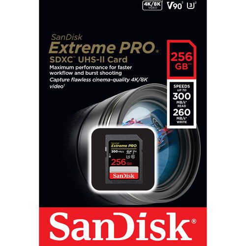 Extreme PRO SDXC UHS-II 256GB retail box with card image, 300MB/s V90