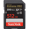 SanDisk Extreme PRO 512GB SDXC UHS-I V30 memory card, printed speed and ratings