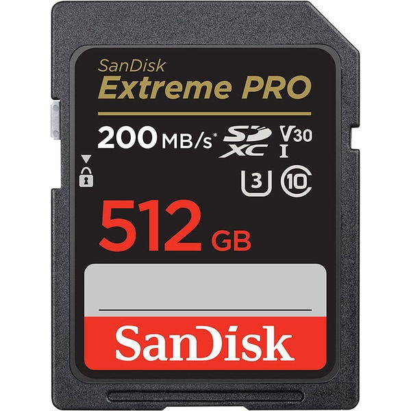 SanDisk Extreme PRO 512GB SDXC UHS-I V30 memory card, printed speed and ratings
