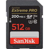 SanDisk Extreme PRO 512GB SDXC UHS-I V30 memory card, printed speed and ratings