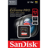 SanDisk Extreme PRO 64GB SDXC card package with 200MB/s, U3, V30 and 4K UHD text