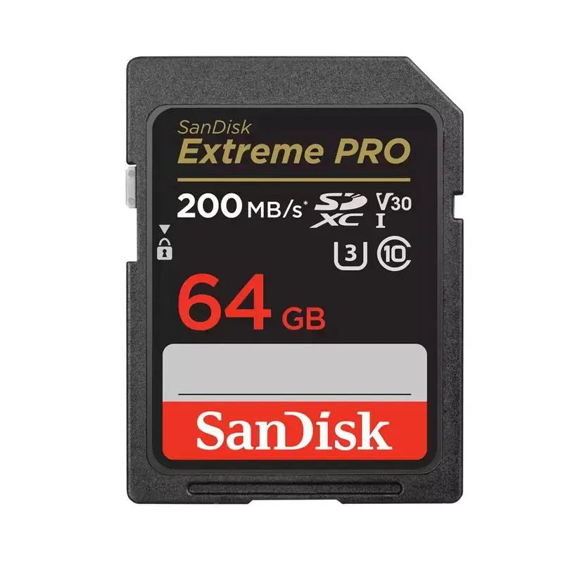 SanDisk Extreme PRO SDXC 64GB SD card front with 200MB/s and U3 V30 markings