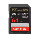 SanDisk Extreme PRO SDXC 64GB SD card front with 200MB/s and U3 V30 markings