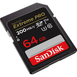 SanDisk Extreme PRO 64GB SDXC SD card angled, shows 200MB/s speed and V30 U3