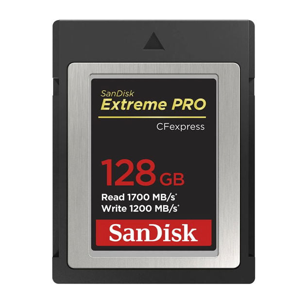 Extreme PRO CFexpress Type B 128GB memory card with printed specs label