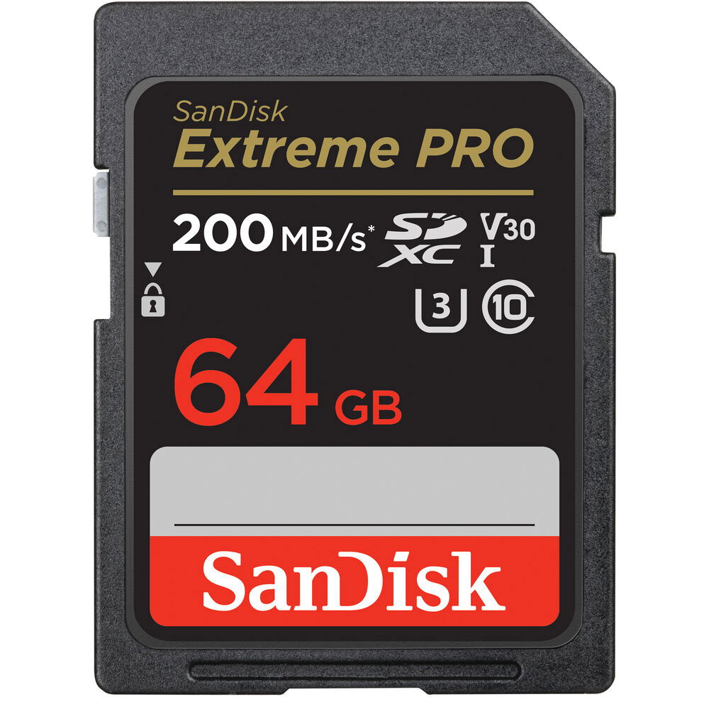 SanDisk Extreme PRO SDXC 64GB SD card, 200MB/s, U3 V30 icons on black label