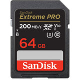 SanDisk Extreme PRO SDXC 64GB SD card, 200MB/s, U3 V30 icons on black label