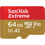 64GB microSD card, SanDisk Extreme, V30 microSDXC, A2 label