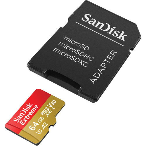 Black microSD adapter with red-gold 64GB Extreme microSD V30 card, A2 label