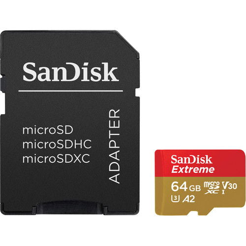 Black microSD adapter with 64GB V30 microSD card