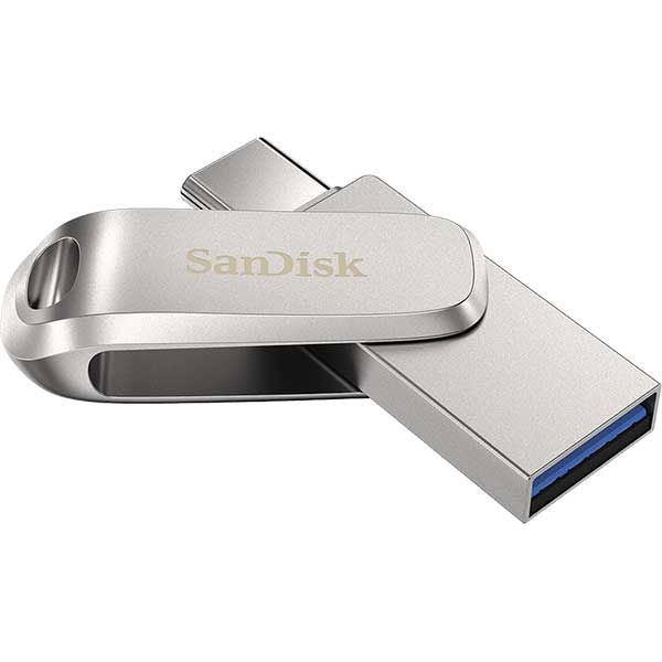 Silver dual USB drive with Type-C plug and USB-A connector folded out