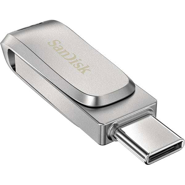 Silver compact dual USB drive with Type-C end and latch detail