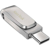 Silver compact dual USB drive with Type-C end and latch detail