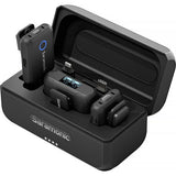 Open charging case with two wireless transmitters and one wireless receiver unit