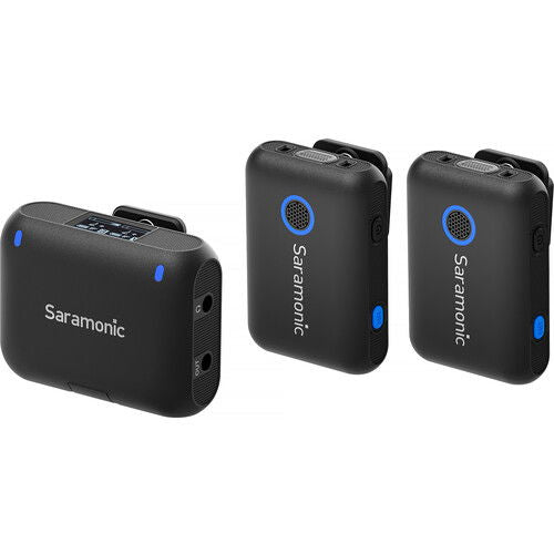 Three compact wireless microphone units (two transmitters and receiver) in black