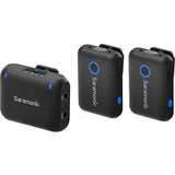 Three compact wireless microphone units (two transmitters and receiver) in black