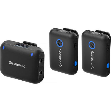 Three compact wireless microphone units (two transmitters and receiver) in black