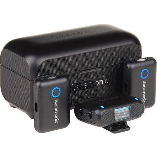 Wireless receiver case with two handheld transmitters, blue indicator lights