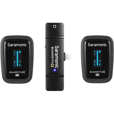 Dual wireless mic transmitter pair with LCD screen, buttons, mesh sides, TX label