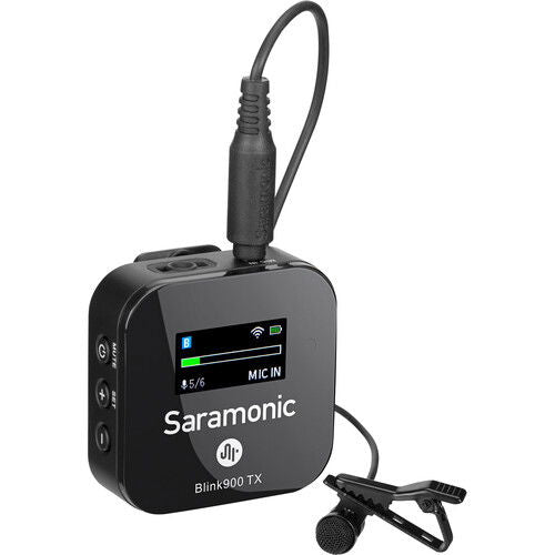 Wireless transmitter with LCD screen and clip-on microphone