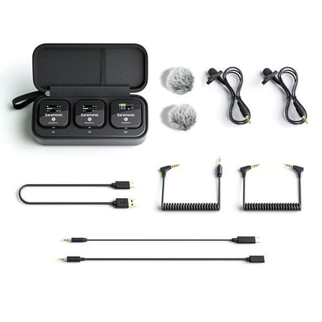 Wireless mic system accessories in case: two mics with foam windscreens and cables