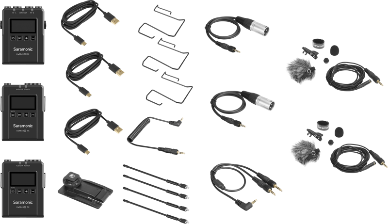 Wireless mic kit accessories: cables, 2 furry windscreen mics, and 2 lav-style mics