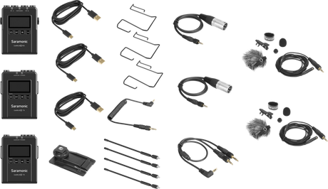 Wireless mic kit accessories: cables, 2 furry windscreen mics, and 2 lav-style mics